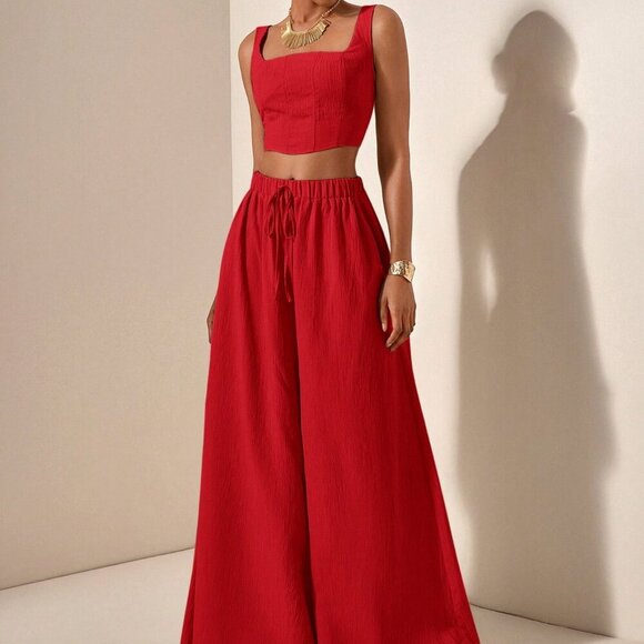 Red womens crop top & flowy wide legged pants textured fabric coord set - Picture 4 of 8